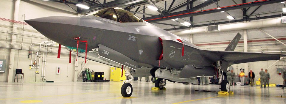The F-35 in an airplane hangar